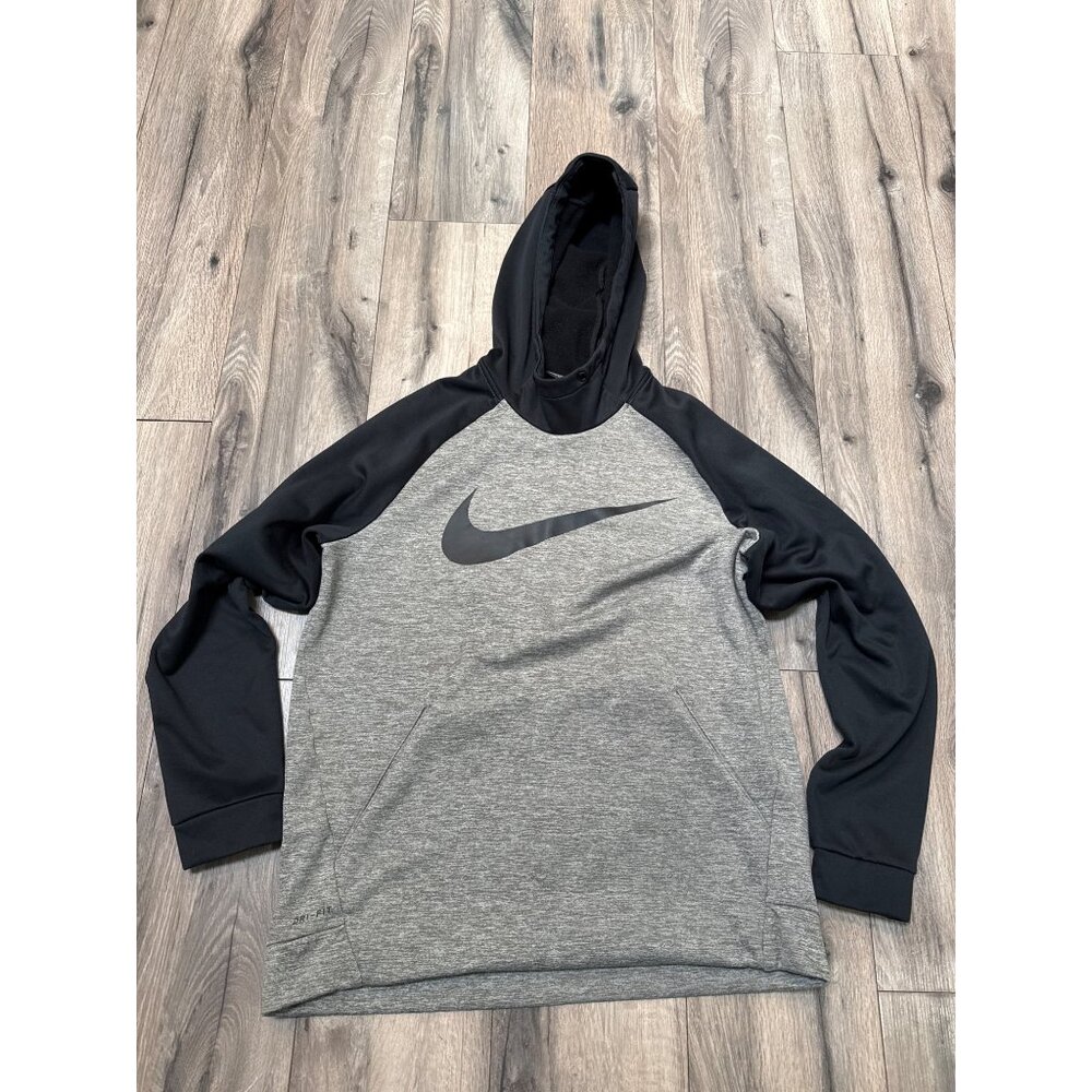 Nike Dri-Fit Gray & Black Pullover Hoodie Sweatshirt Large With Kangaroo Pocket